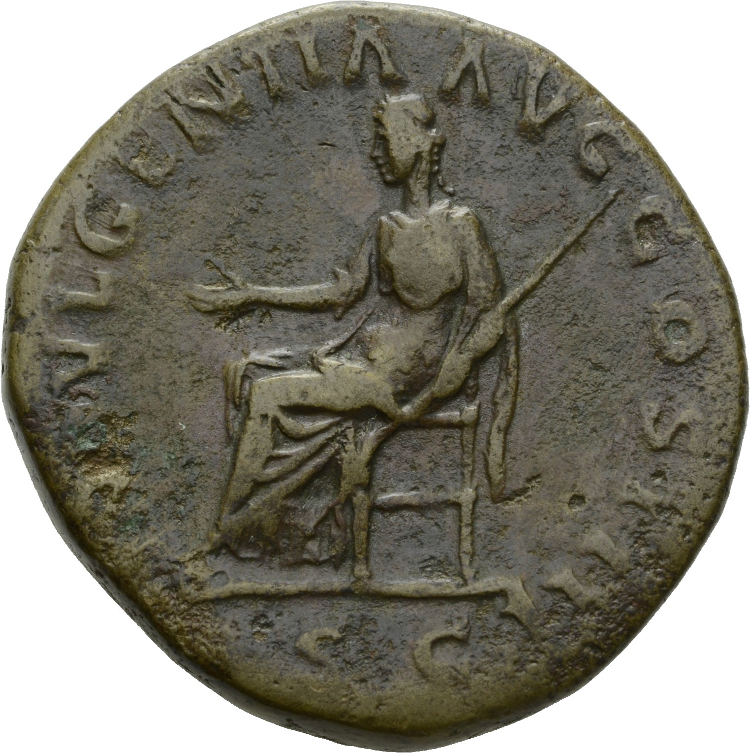 RIC III Antoninus Pius 914 Antoninus Pius reverse, Indulgentia, draped, seated left, extending right hand and holding tran...