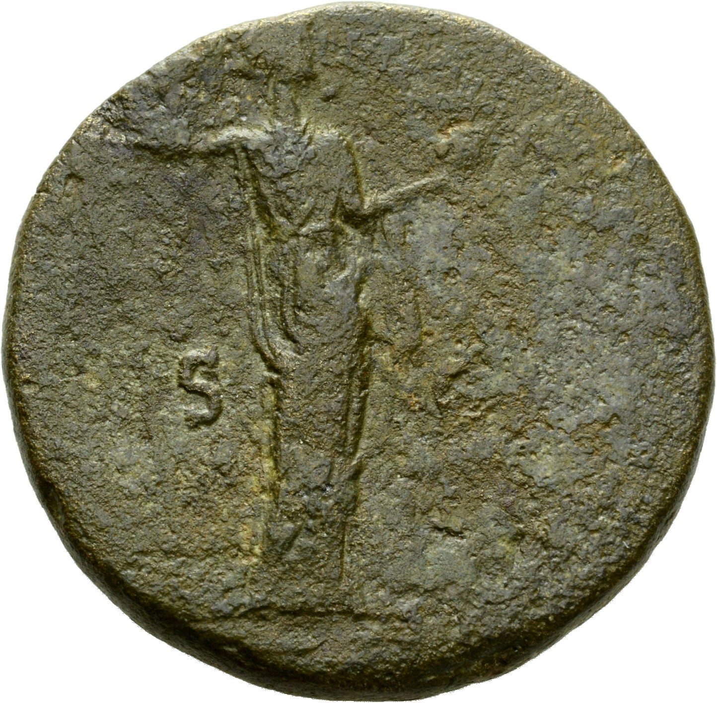 RIC III Antoninus Pius 915 Antoninus Pius reverse, Antoninus Pius, togate, seated, left on curule chair on platform on rig...