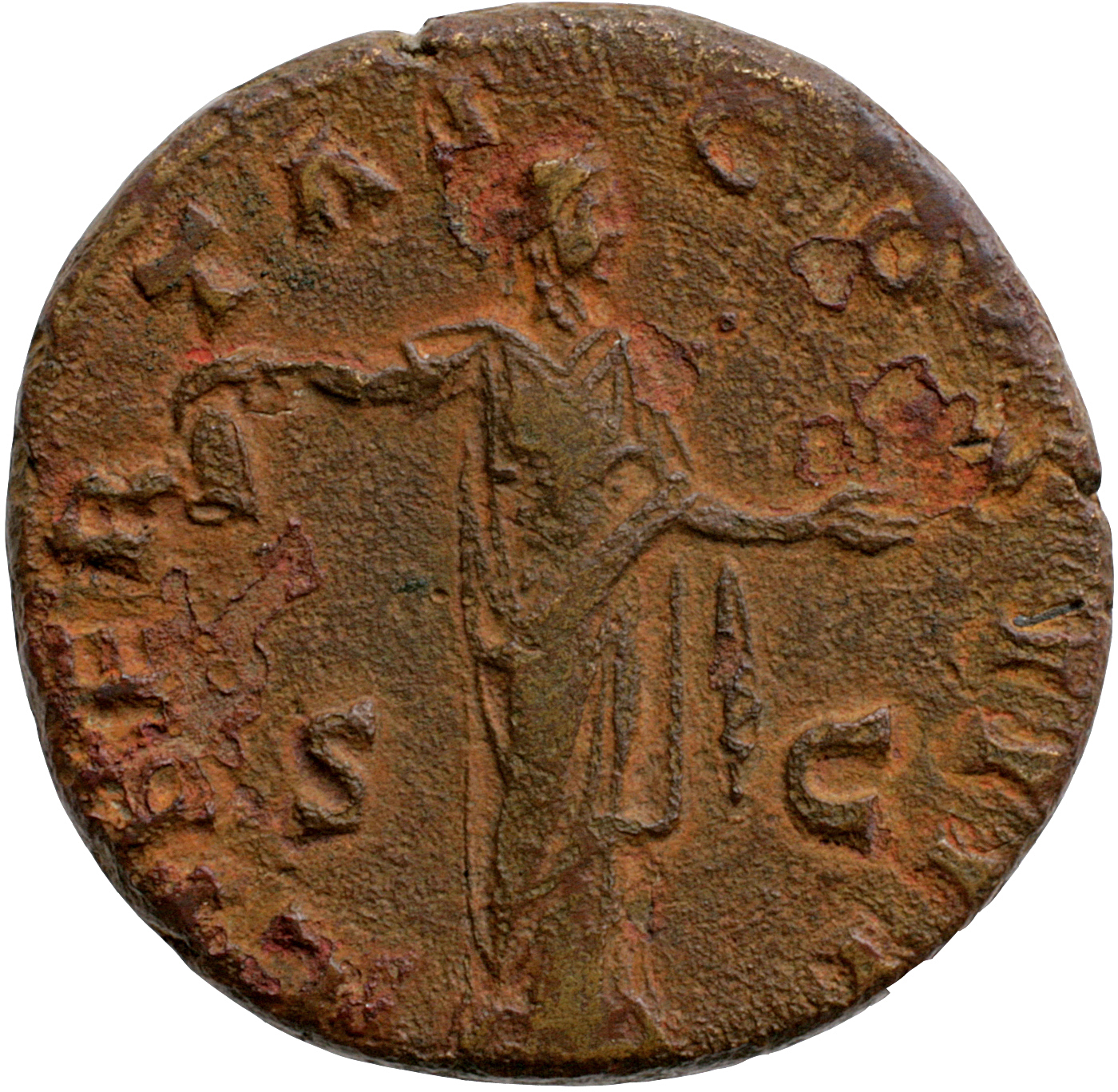 Antoninus Pius reverse — Libertas, draped, standing right, holding pileus in extended right hand and extending her left hand