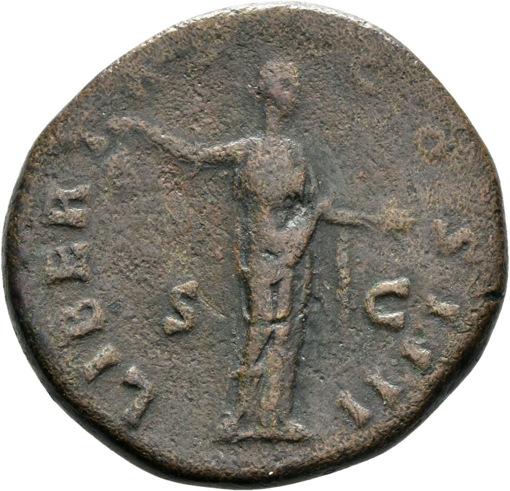 RIC III Antoninus Pius 928 Antoninus Pius reverse, Libertas, draped, standing right, holding pileus in extended right hand...