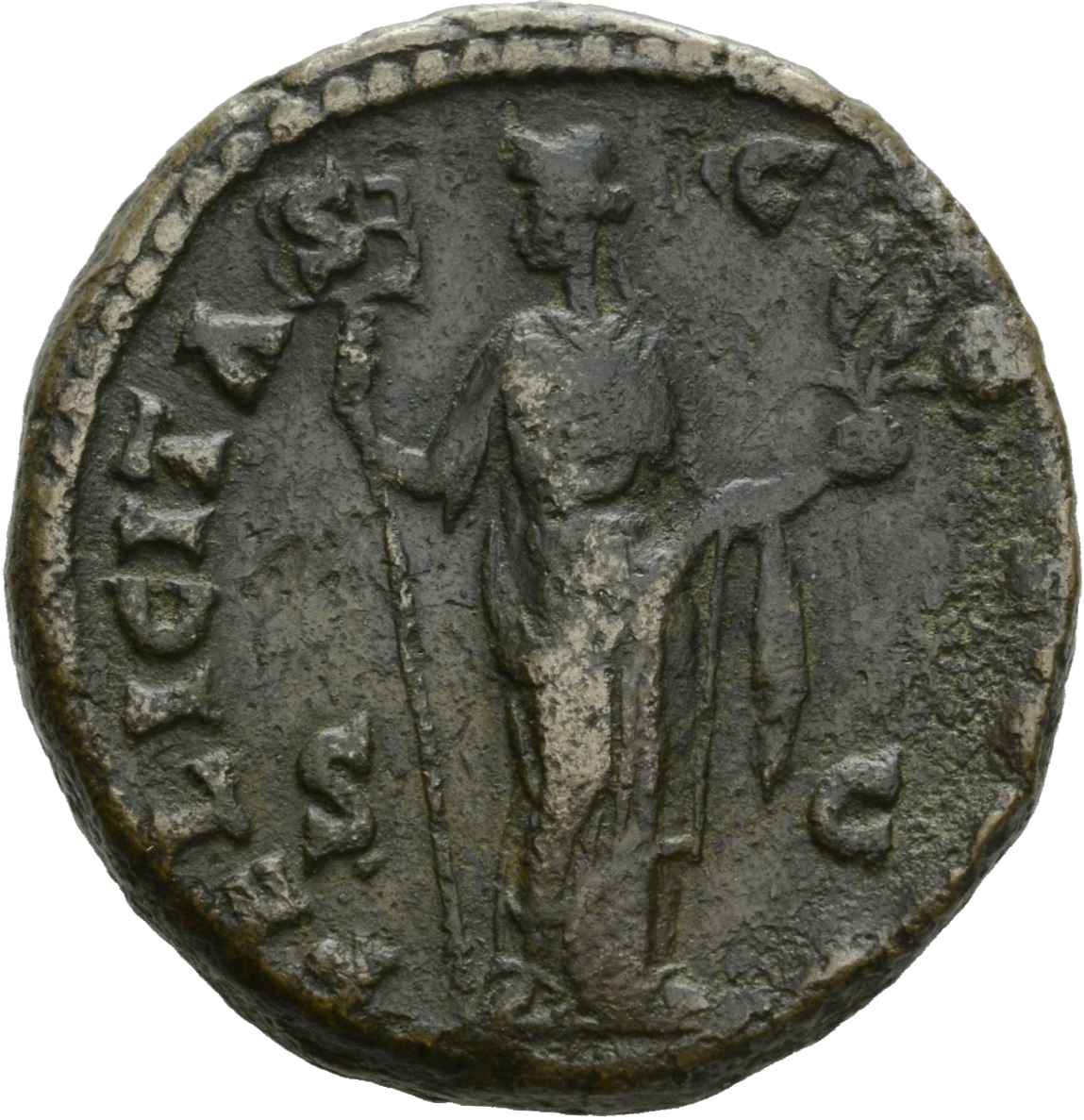 RIC III Antoninus Pius 937 Antoninus Pius reverse, Felicitas, draped, standing, front, head left, holding long winged cadu...