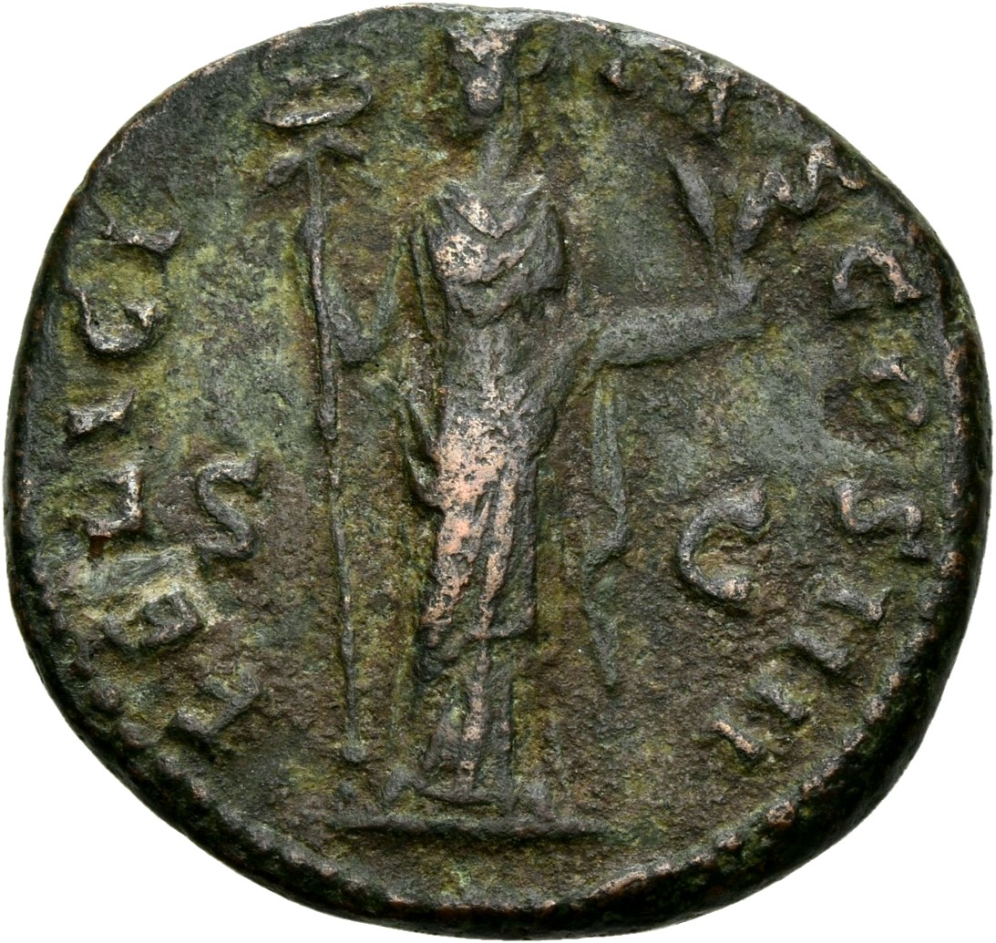 RIC III Antoninus Pius 937 Antoninus Pius reverse, Felicitas, draped, standing, front, head left, holding long winged cadu...