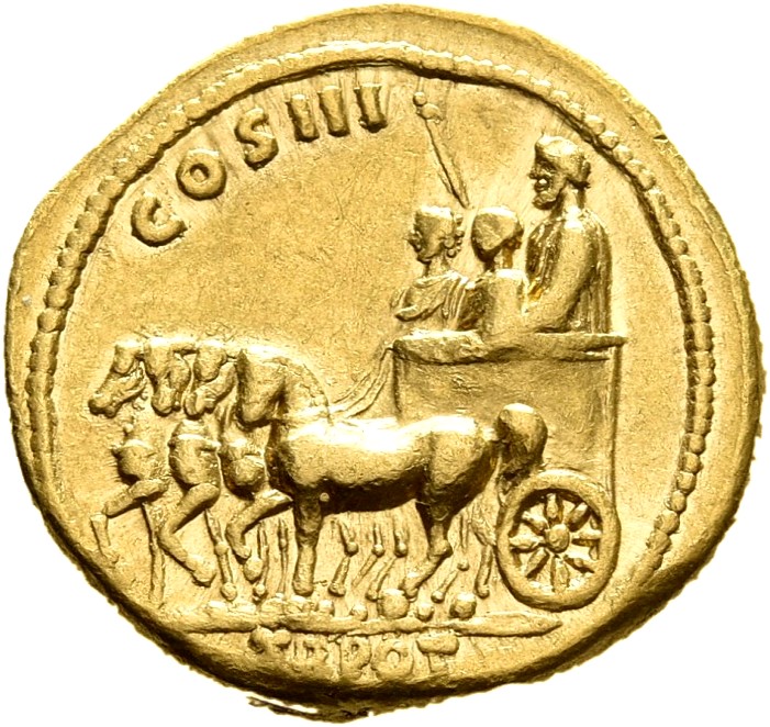 RIC III Antoninus Pius 93b Antoninus Pius reverse, Antoninus Pius, with Marcus Aurelius and Lucius Verus, in triumphal qua...
