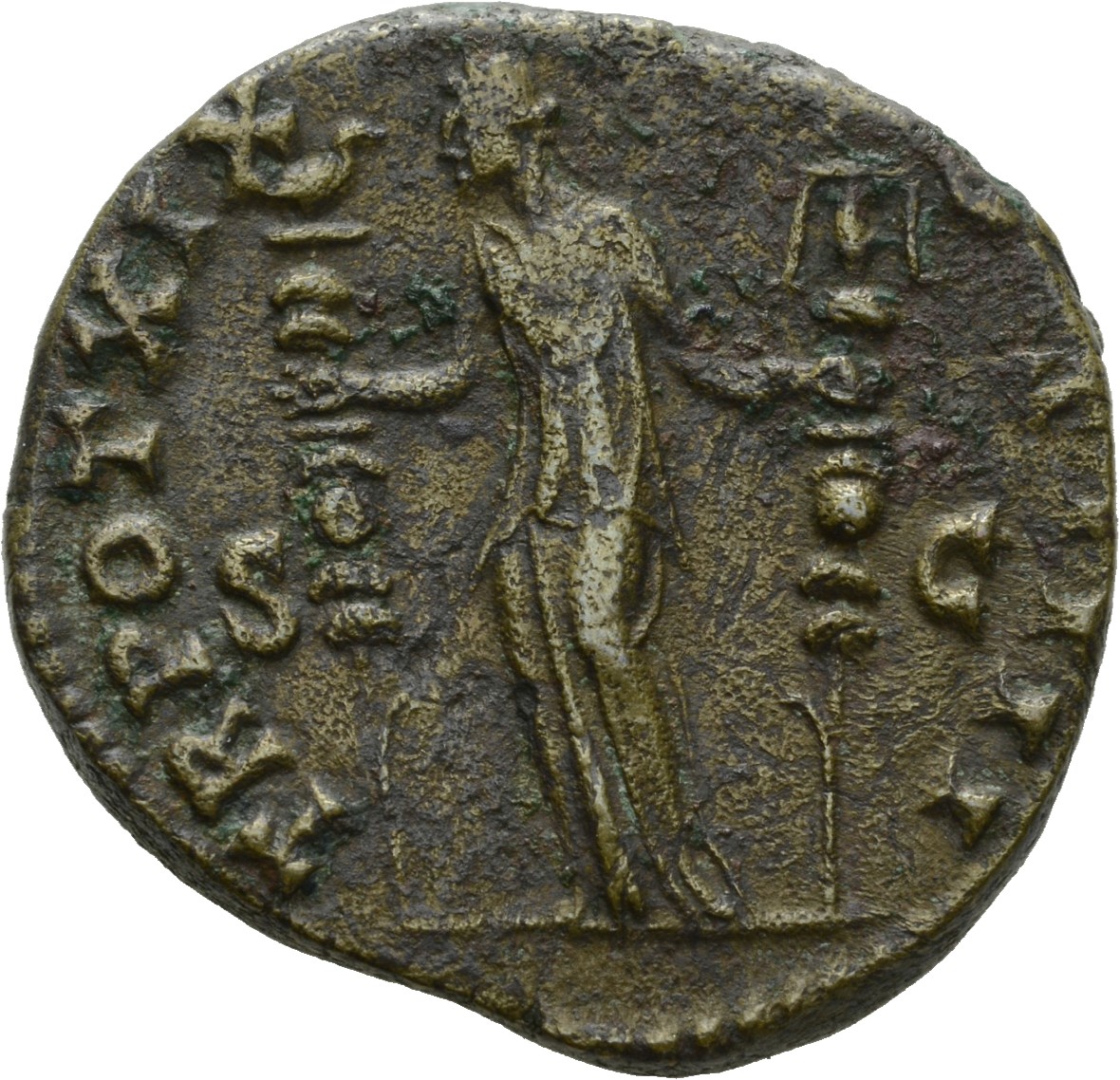 Antoninus Pius reverse — Fides Exercitus, standing left, holding two standards