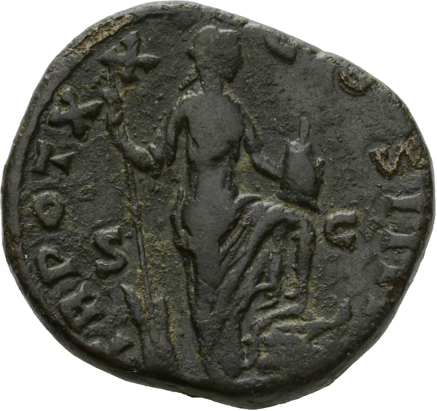 RIC III Antoninus Pius 964a Antoninus Pius reverse, Annona, draped, standing right, holding rudder, vertical, on ground in...