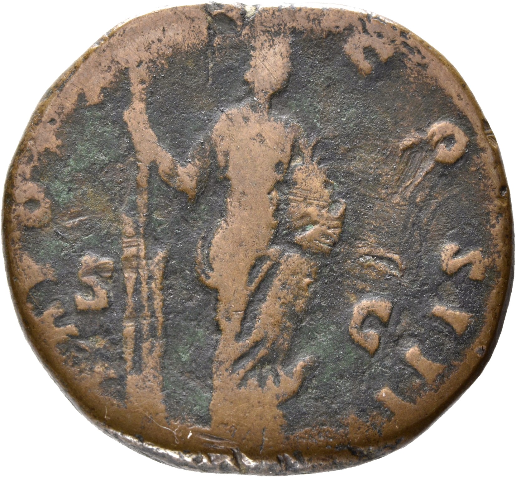 RIC III Antoninus Pius 964a Antoninus Pius reverse, Annona, draped, standing right, holding rudder, vertical, on ground in...