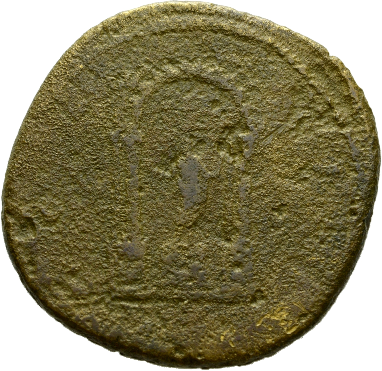 RIC III Antoninus Pius 974 Antoninus Pius reverse, Figure standing on cippus in tetrastyle temple with round roof