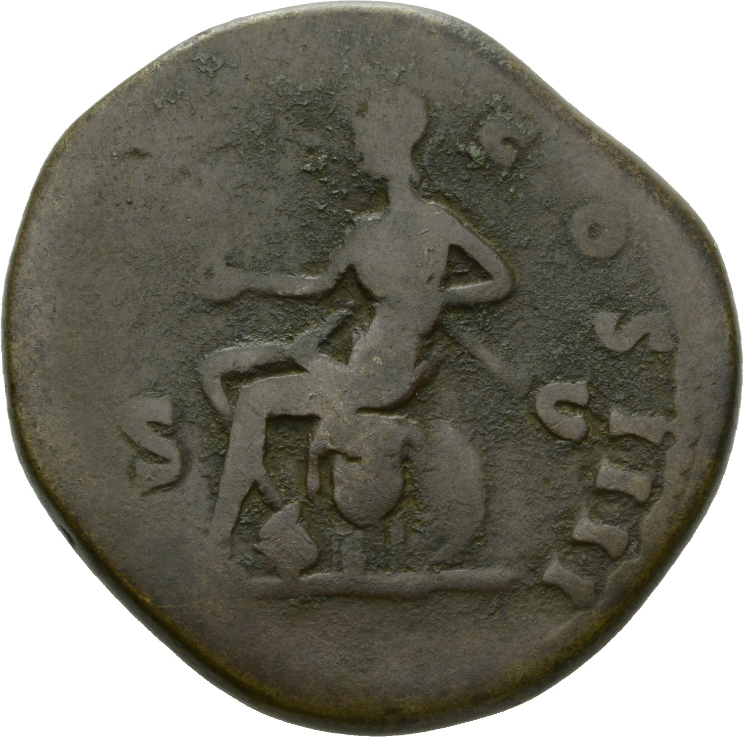 RIC III Antoninus Pius 979A Antoninus Pius reverse, Roma, helmeted, seated left on cuirass, right foot on helmet, holding ...