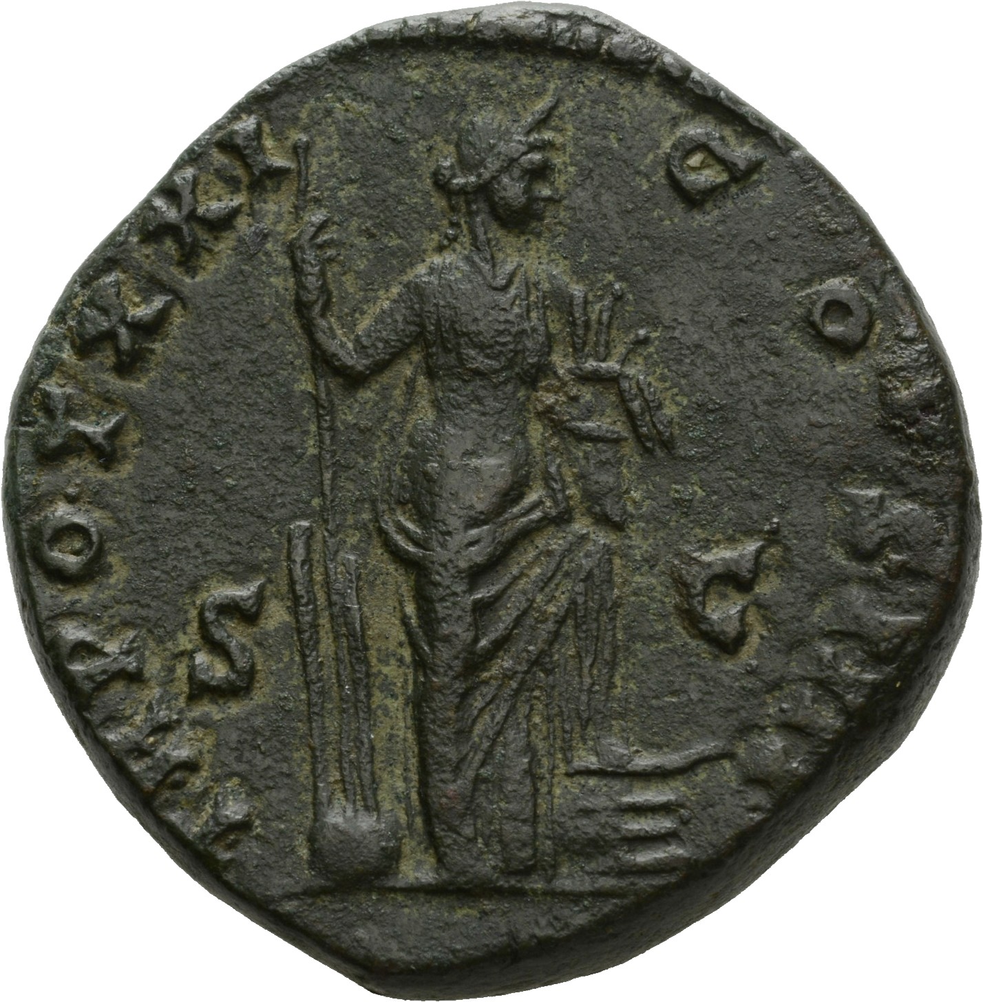 RIC III Antoninus Pius 980 Antoninus Pius reverse, Annona, draped, standing right, holding rudder, vertical, on ground in ...