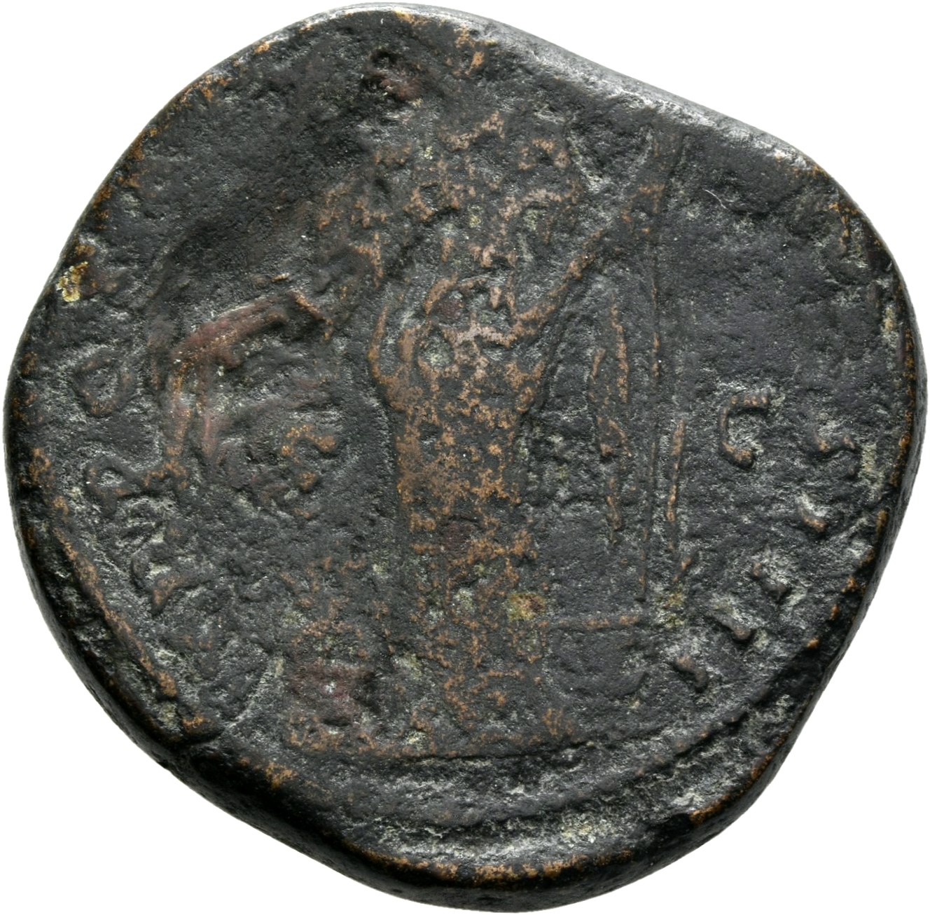 RIC III Antoninus Pius 981 Antoninus Pius reverse, Annona, draped, standing left, holding corn-ears in right hand over mod...