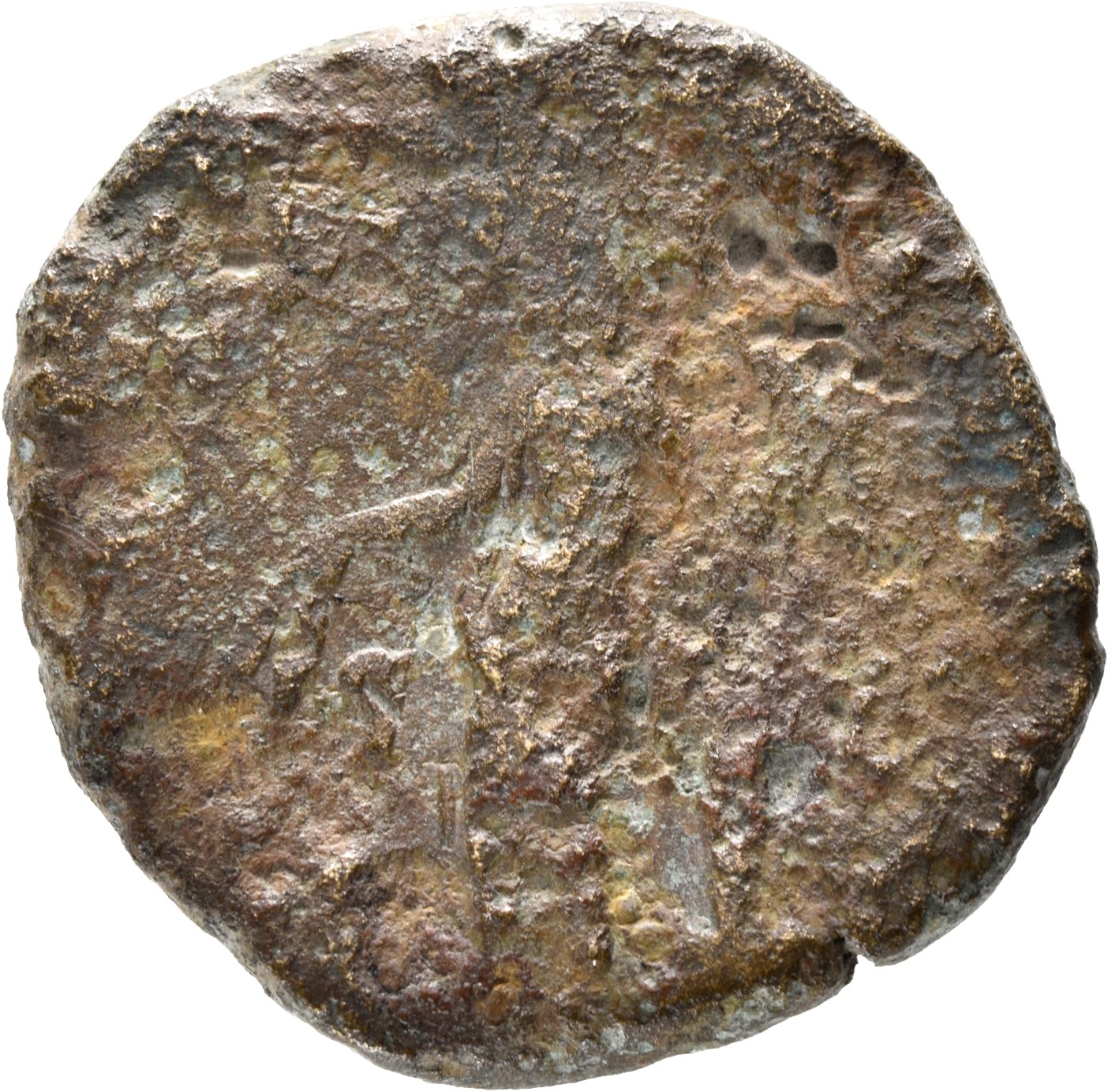 Antoninus Pius reverse — Annona, draped, standing, left, holding corn-ears in right hand over modius with corn-ears, left and rudder, nearly vertical, on prow in left