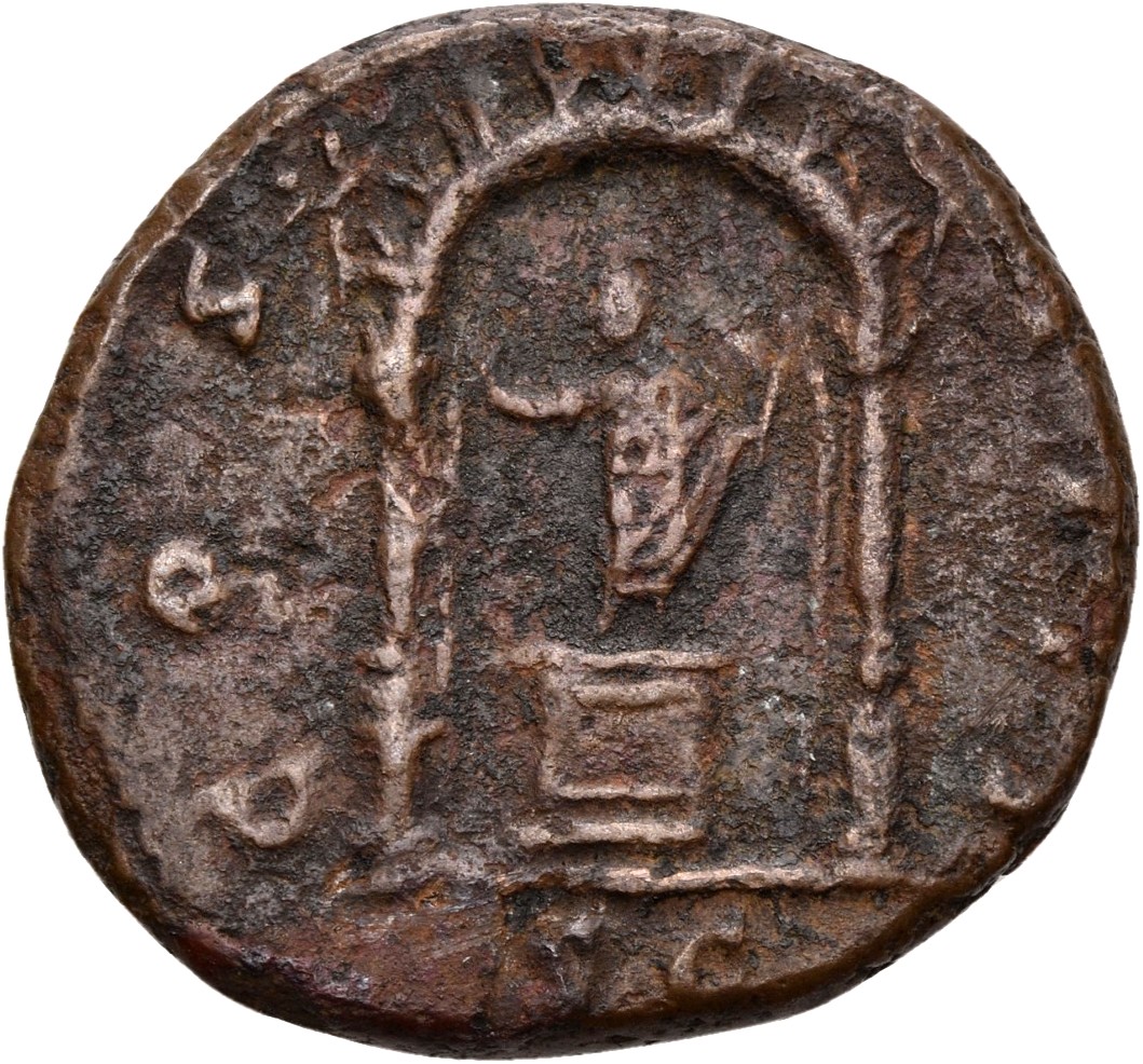 RIC III Antoninus Pius 995 Antoninus Pius reverse, Figure standing on cippus in tetrastyle temple with round roof