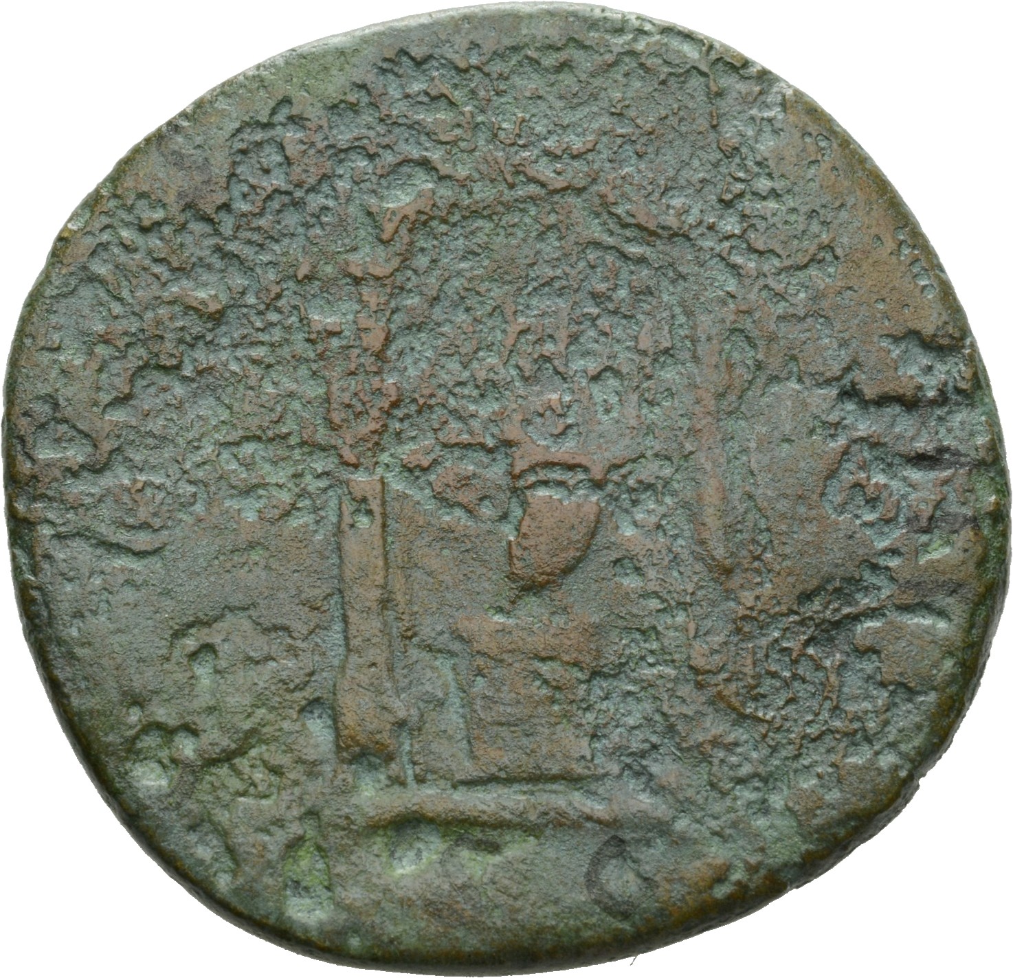 RIC III Antoninus Pius 999 Antoninus Pius reverse, Togate figure standing, front, head left, on cippus in shrine of two ar...