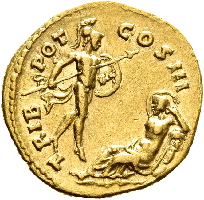 RIC III Antoninus Pius 99b Antoninus Pius reverse, Mars, helmeted, naked, holding spear in right hand and shield in left, ...