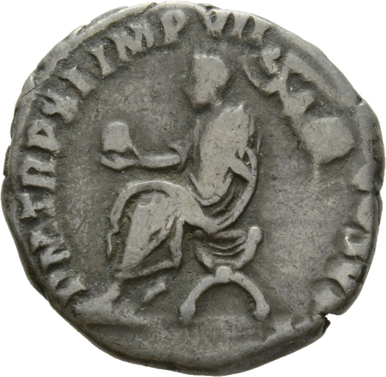 RIC III Commodus 125 Commodus reverse, Commodus, togate, seated left on curule chair, being crowned by Victory, flying lef...