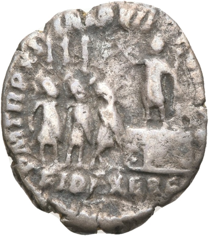 RIC III Commodus 130d Commodus reverse — Commodus standing, left on platform, three soldiers standing, right holding legio...