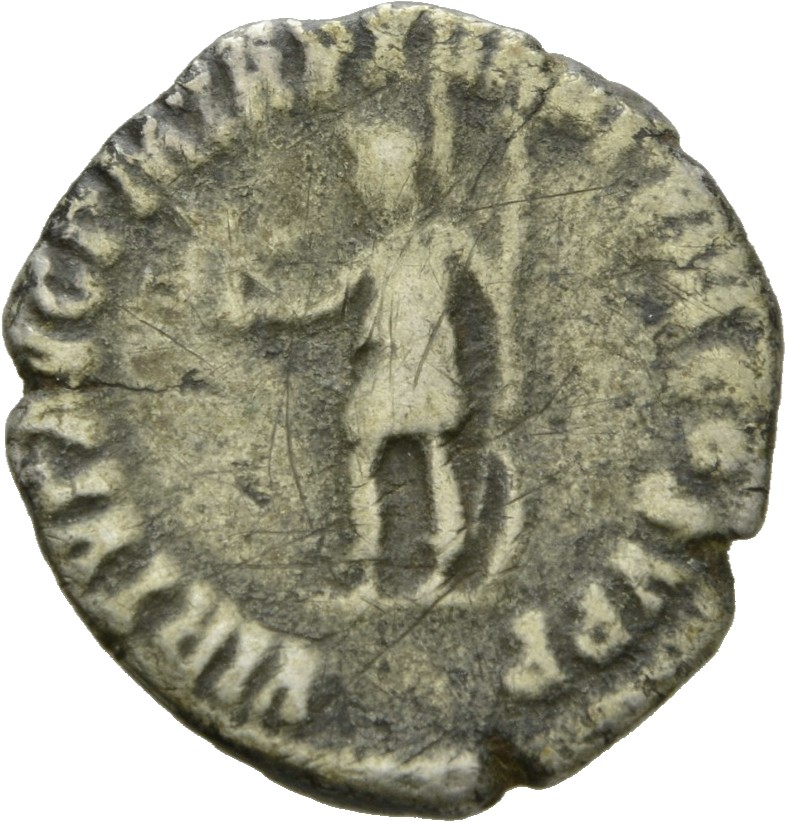 RIC III Commodus 160 Commodus reverse, Virtus, in military attire, standing left, holding Victory in extended right hand a...
