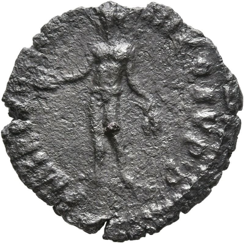 RIC III Commodus 167 (denarius) Commodus reverse, Genius, nude, standing left, sacrificing out of patera in right hand and...