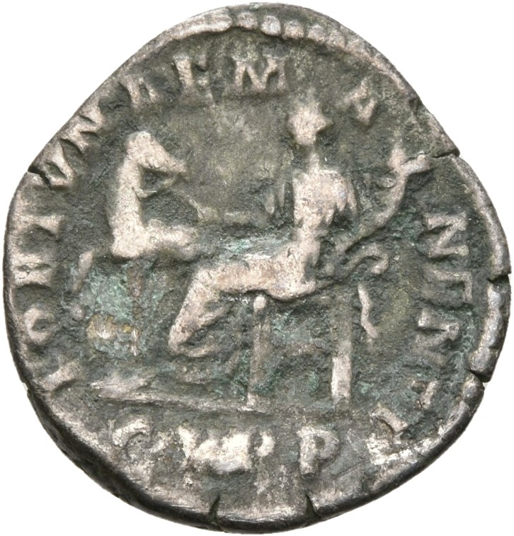 RIC III Commodus 191A Commodus reverse, Fortuna, draped, seated left, holding horse by bridle in right hand and corncucopi...