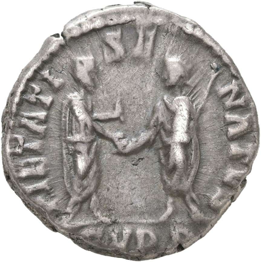 RIC III Commodus 194 Commodus reverse, Commodus, togate, standing right and clasping right hands with Genius of the Senate...