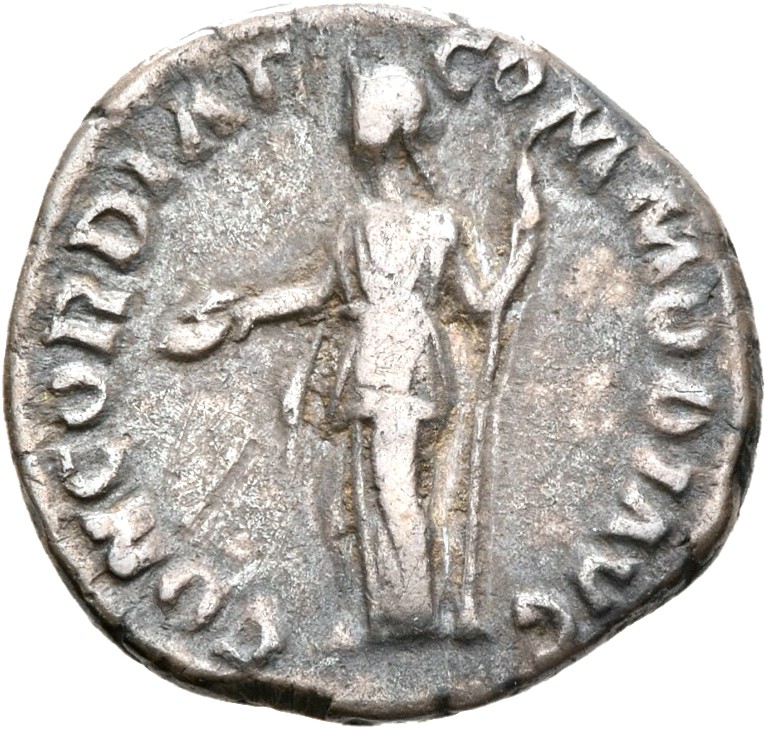 RIC III Commodus 198A Commodus reverse, Concordia, draped, standing left, holding patera in extended right hand and sceptr...