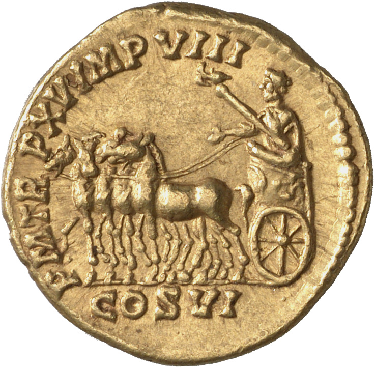 RIC III Commodus 213 Commodus reverse, Commous in quadriga facing left, holding eagle-tipped sceptre in extended hand