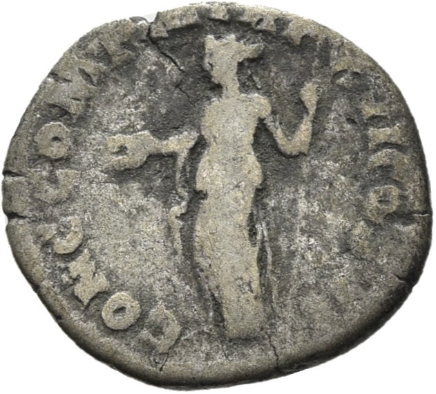 RIC III Commodus 219 Commodus reverse, Concordia, draped, standing left, holding patera in extended right hand and sceptre...