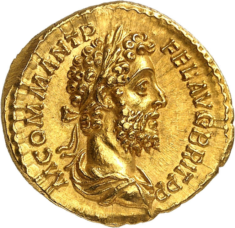 RIC III Commodus 219A Commodus obverse, Bust of Commodus, laureate, draped, right
