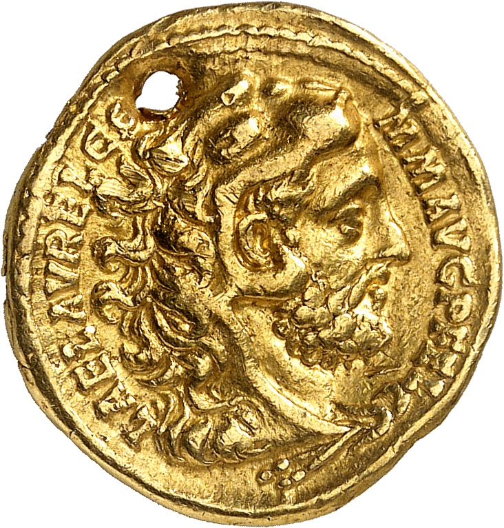 RIC III Commodus 251 (aureus) Commodus obverse, Head of Commodus, wearing lion-skin, right