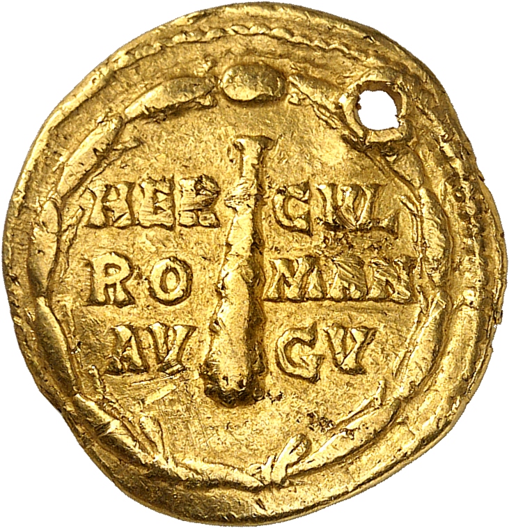 RIC III Commodus 251 (aureus) Commodus reverse, Club of Hercules with legend to either side in 3 lines within wreath