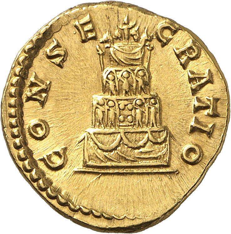 RIC III Commodus 275 (aureus) Commodus reverse, Funeral pyre, in four tiers, garlanded and adorned with statues, on top of...