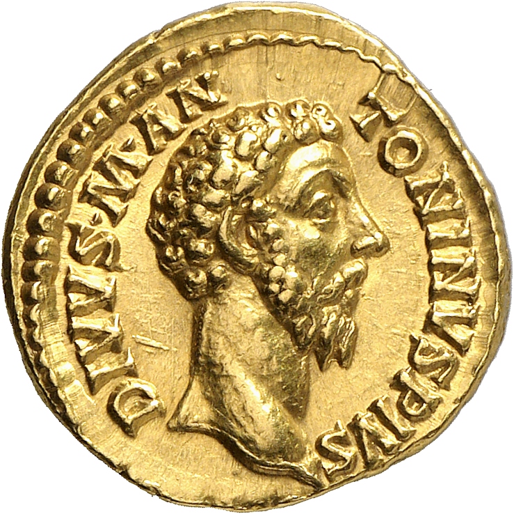 RIC III Commodus 275 (aureus) Commodus obverse, Head of Divus Marcus Aurelius, bare, right