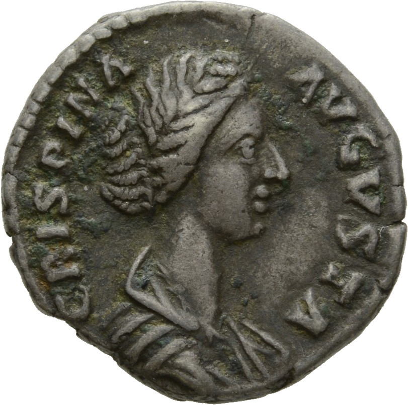 RIC III Commodus 276 Commodus obverse, Bust of Crispina, draped, hair in round coil at back, right