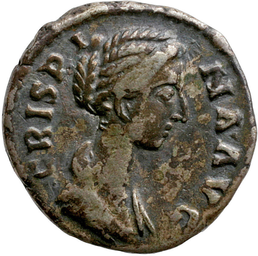 RIC III Commodus 279a Commodus obverse, Bust of Crispina, draped, hair in round coil at back, right