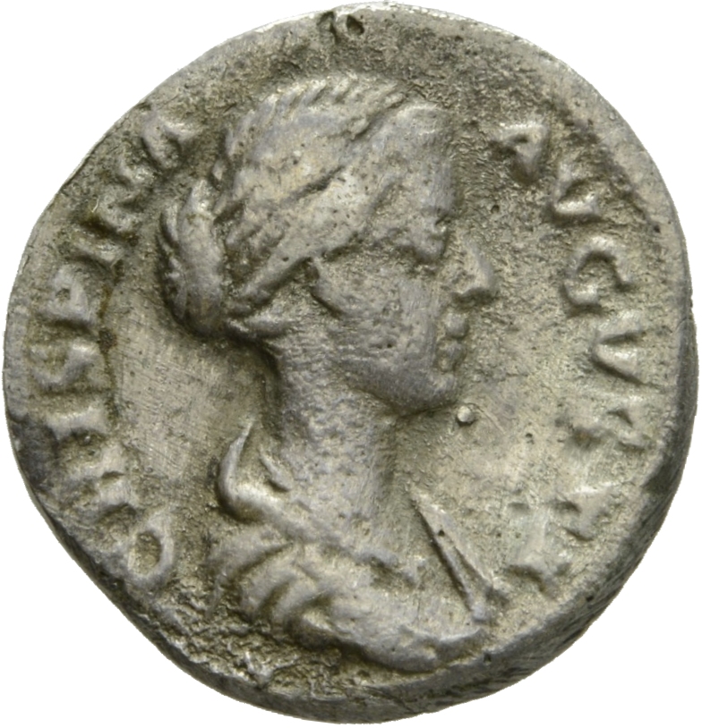 RIC III Commodus 279b Commodus obverse, Bust of Crispina, draped, hair in round coil at back, right
