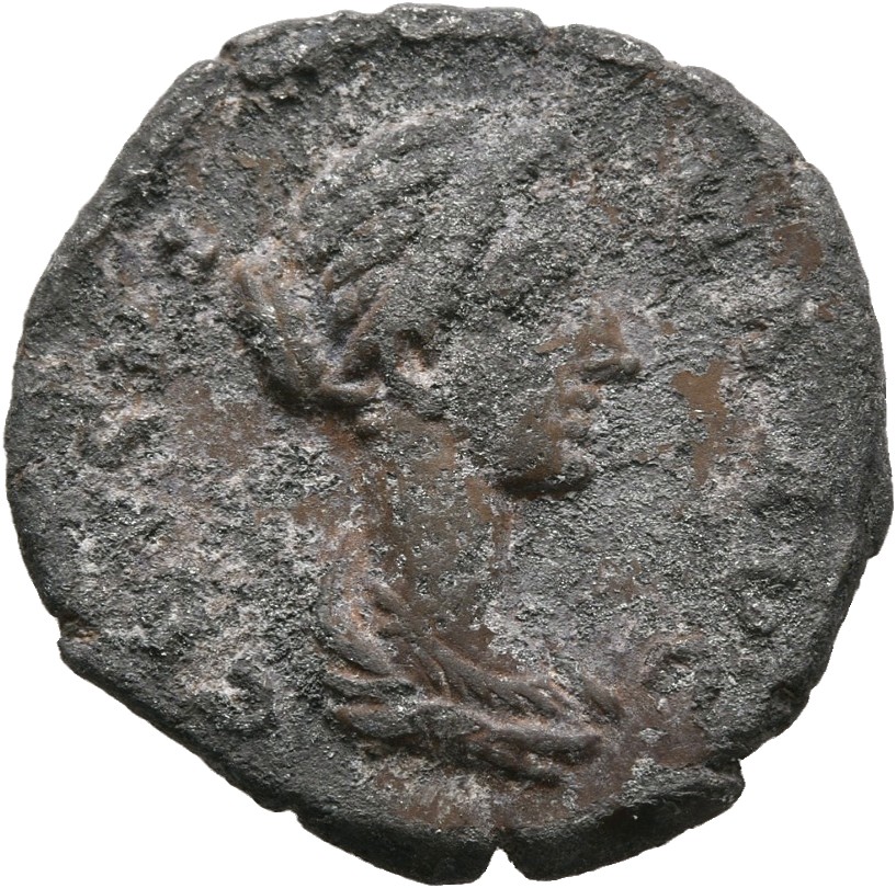 RIC III Commodus 281a Commodus obverse, Bust of Crispina, draped, hair in round coil at back, right