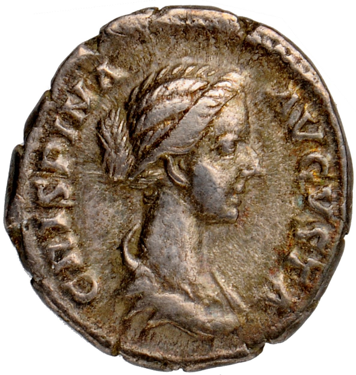 RIC III Commodus 281b Commodus obverse, Bust of Crispina, draped, hair in round coil at back, right