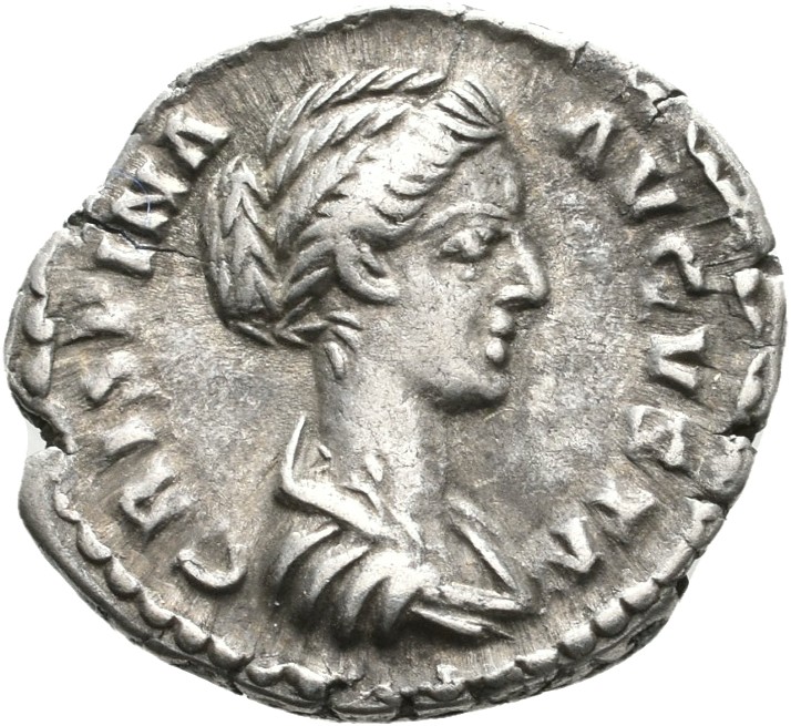RIC III Commodus 283 Commodus obverse, Bust of Crispina, draped, hair in round coil at back, right
