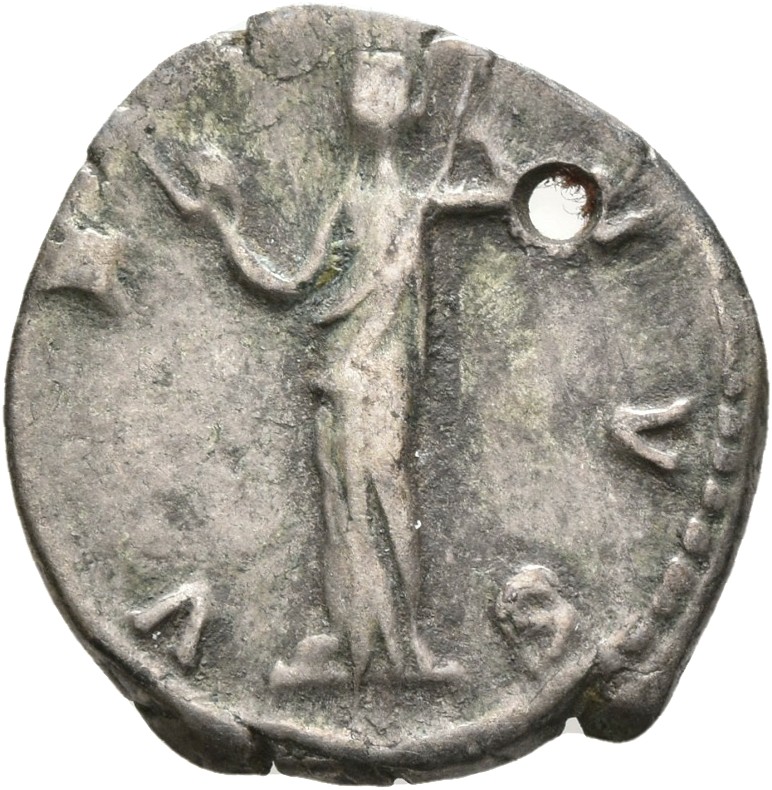 RIC III Commodus 286A (denarius) Commodus reverse, Venus, draped, standing left, holding apple in right hand and drawing r...