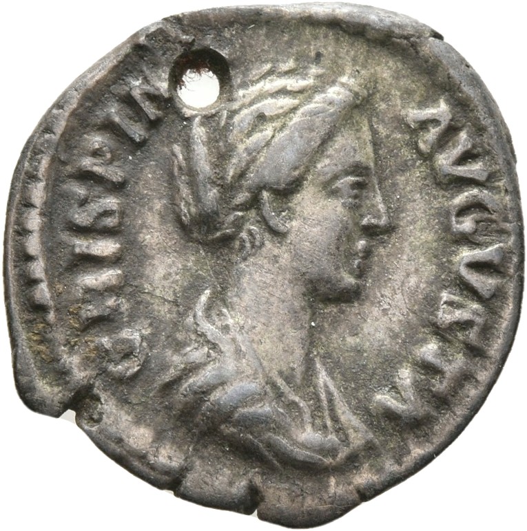 RIC III Commodus 286A (denarius) Commodus obverse, Bust of Crispina, draped, hair in round coil at back, right