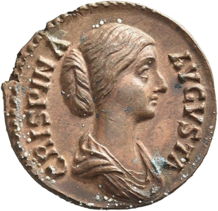 RIC III Commodus 289 Commodus obverse, Bust of Crispina, draped, hair in round coil at back, right