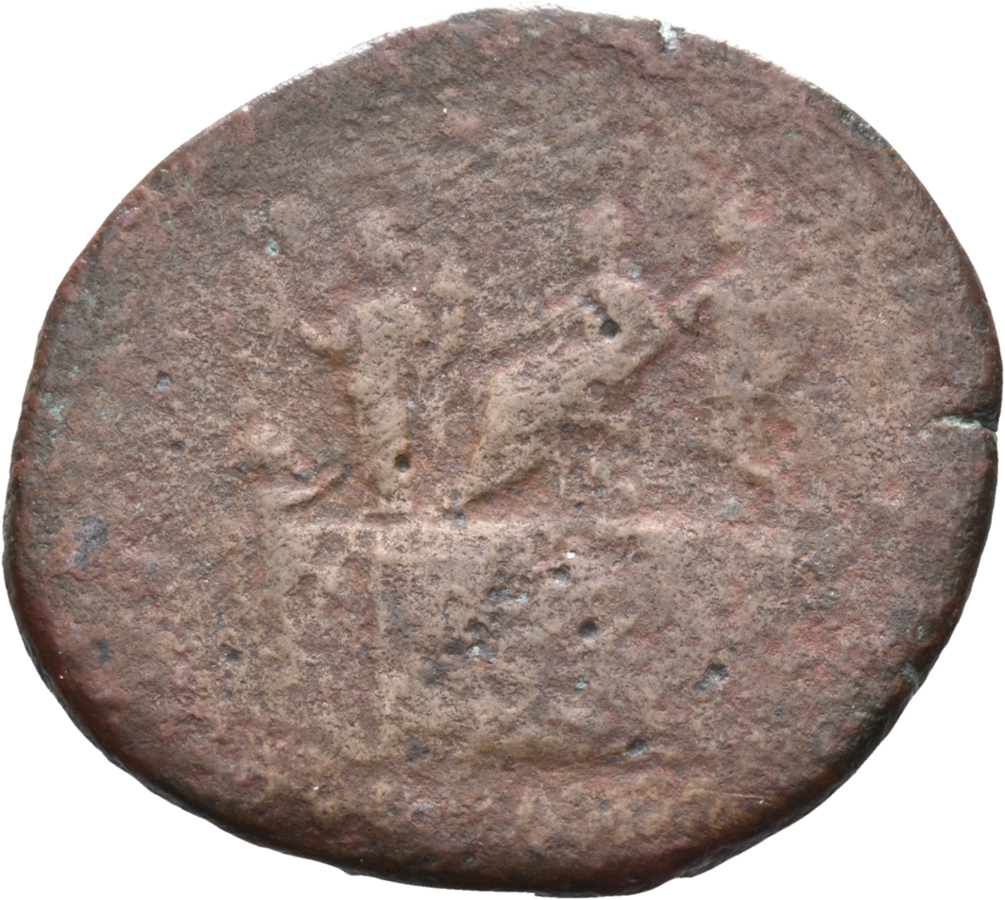 RIC III Commodus 300a Commodus reverse, Commodus, togate, seated left on curule chair on platform, attended by an officer;...