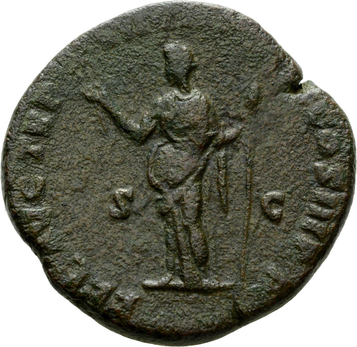 RIC III Commodus 308B Commodus reverse, Felicitas, draped, standing left, holding caduceus in right hand and sceptre in le...