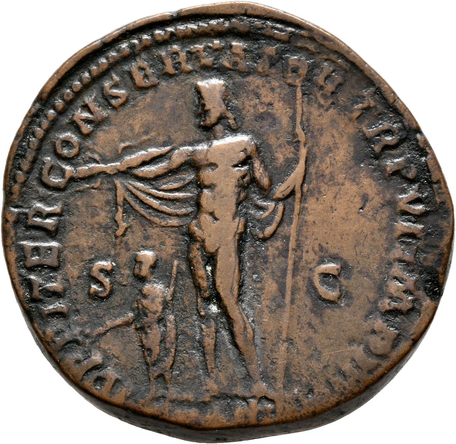 RIC III Commodus 308Cb Commodus reverse, Jupiter, nude except mantle over arms, standing front, head left, holding sceptre...