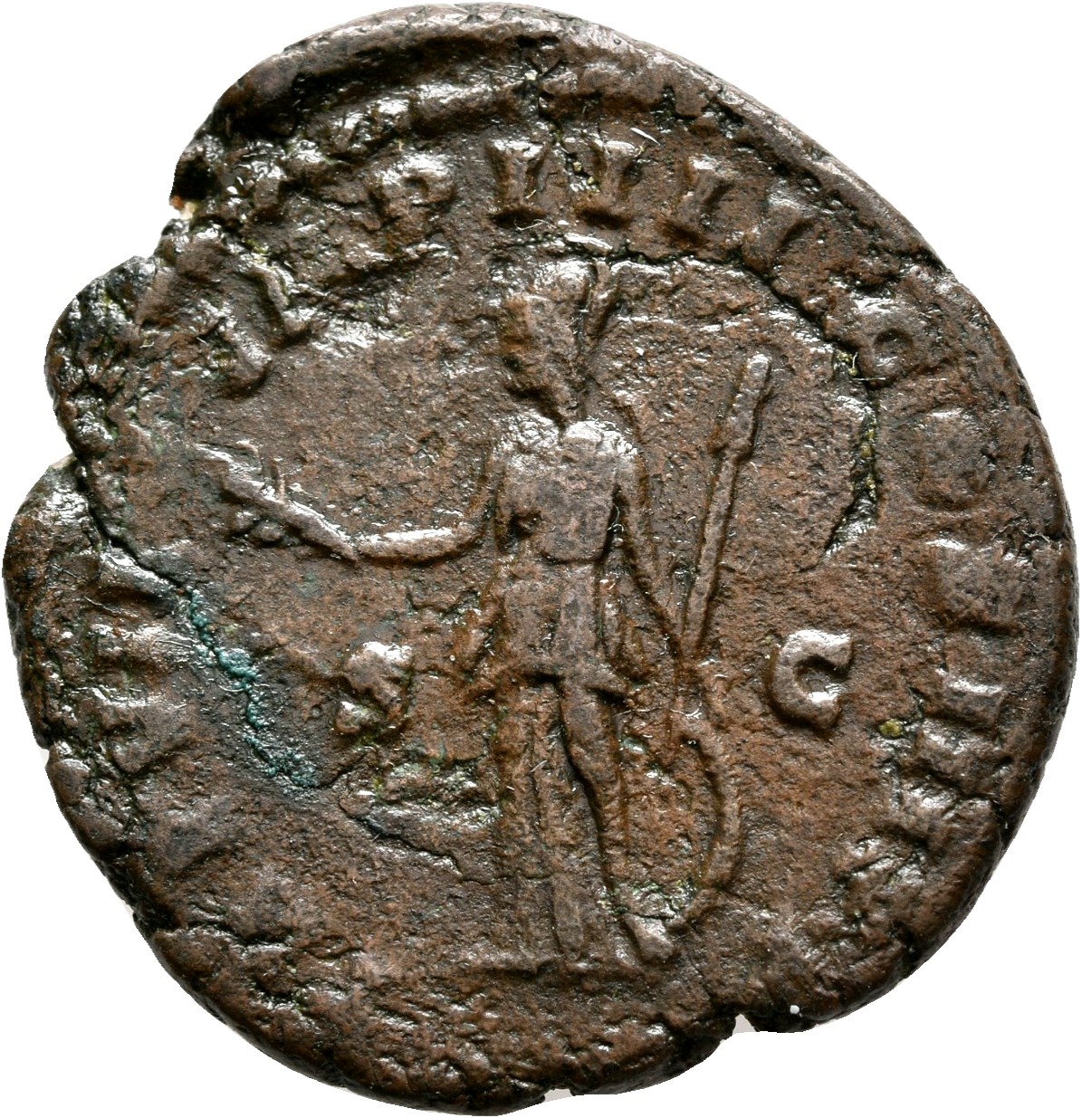 RIC III Commodus 338a Commodus reverse, Minerva, helmeted, draped, standing left, holding branch in right hand and resting...