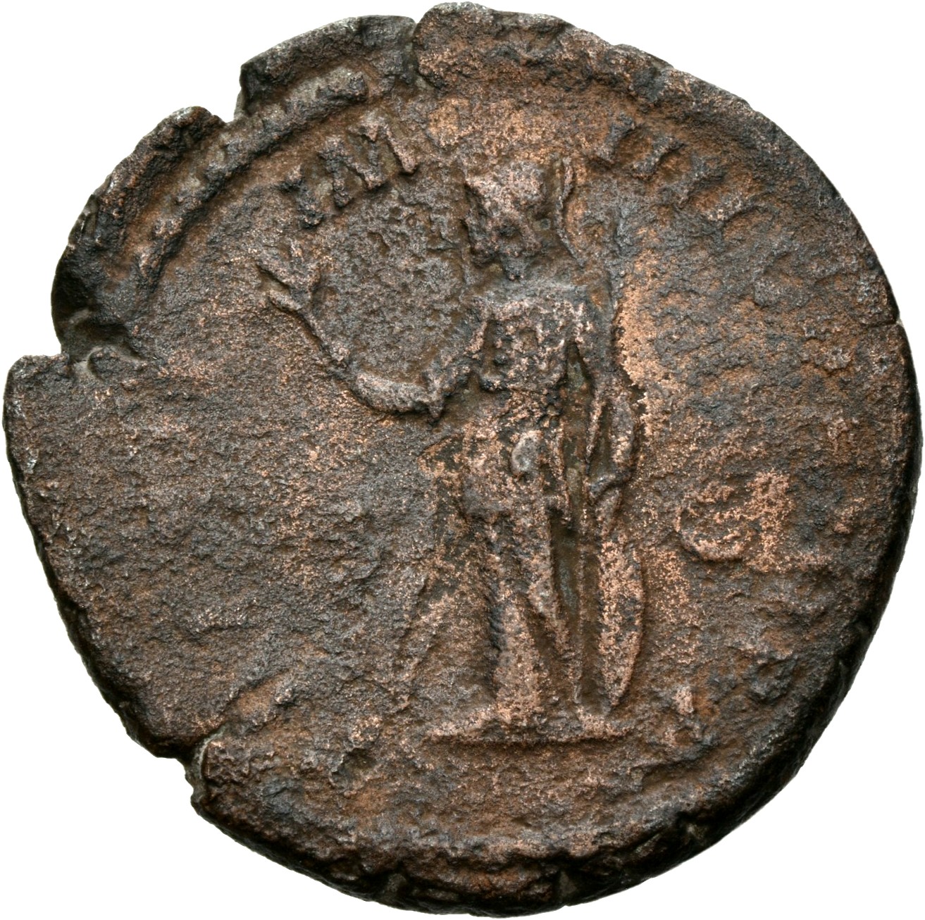 RIC III Commodus 338a Commodus reverse, Minerva, helmeted, draped, standing left, holding branch in right hand and resting...