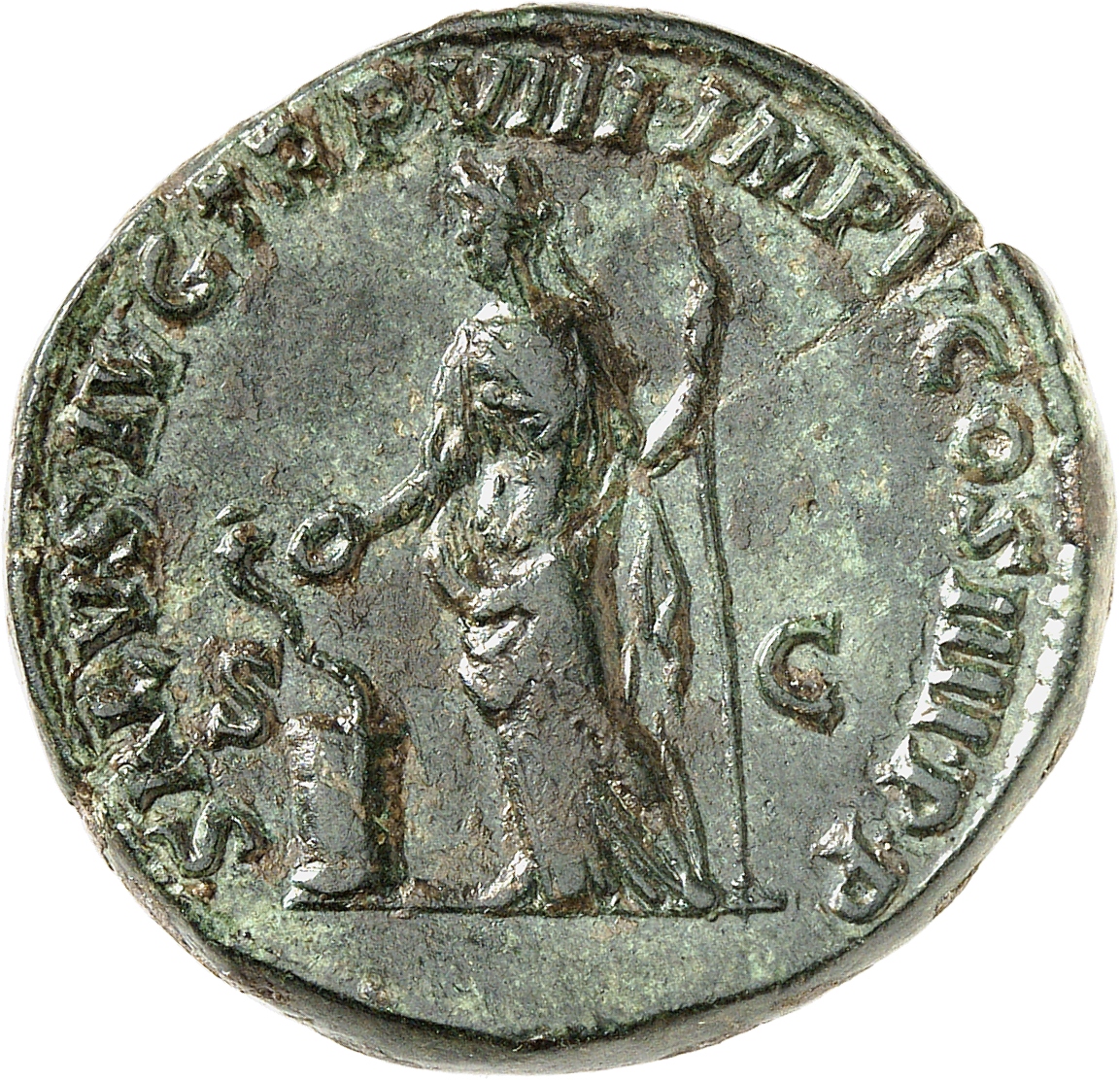 RIC III Commodus 356 Commodus reverse, Salus, draped, standing left, feeding out of patera in right hand snake coiled roun...
