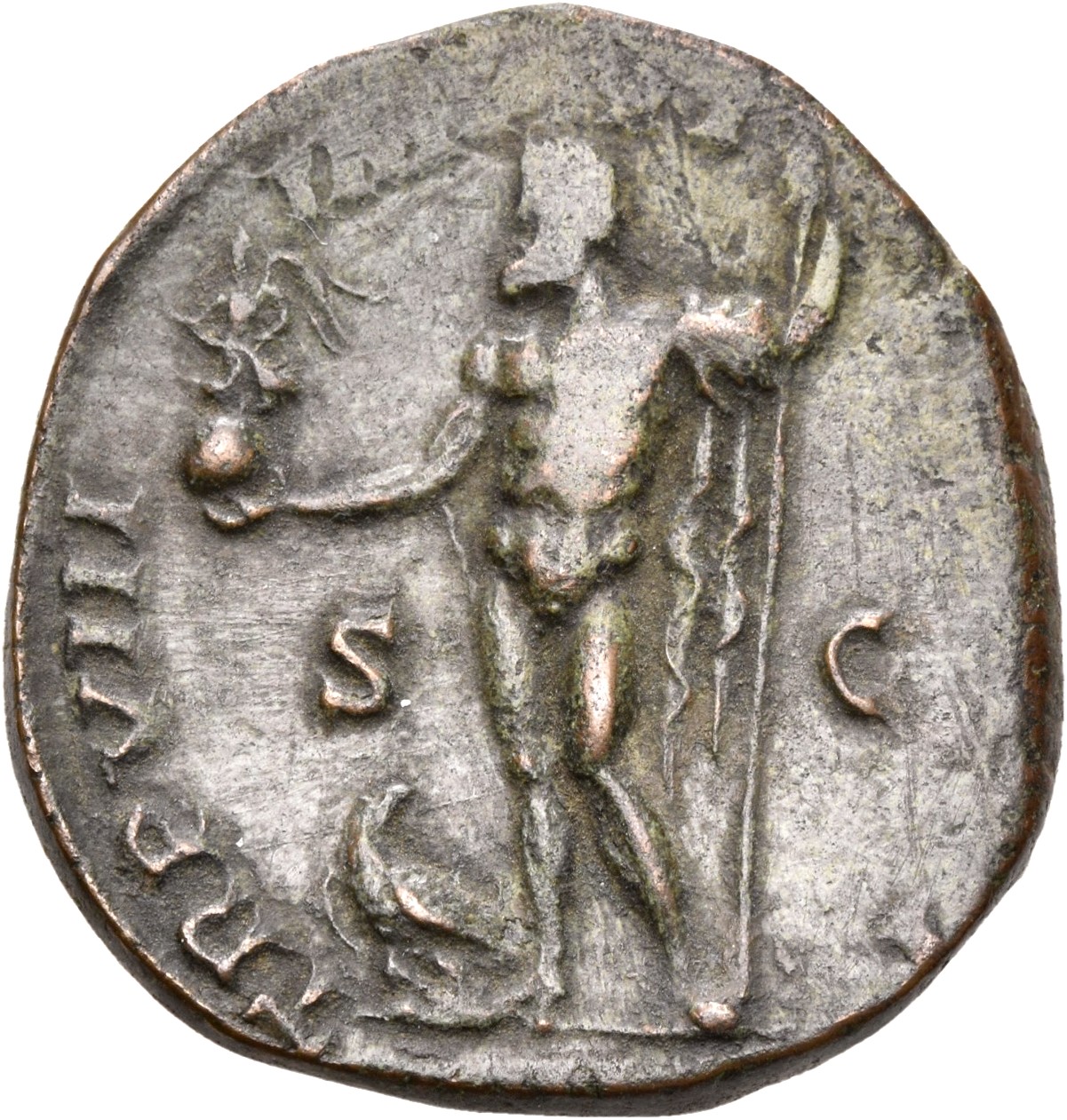 RIC III Commodus 366c Commodus reverse, Jupiter, nude, standing left, holding Victory in extended right hand and sceptre i...