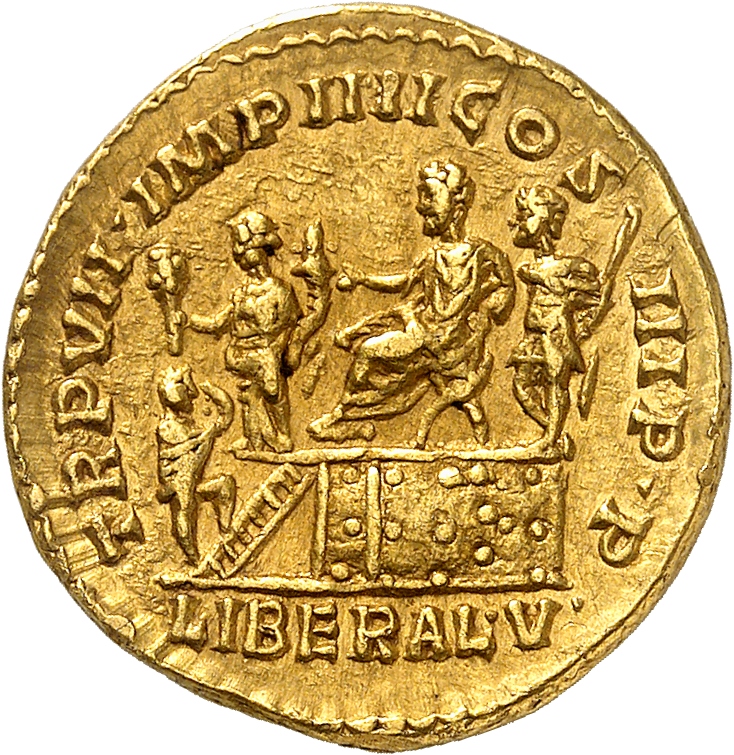 RIC III Commodus 37 Commodus reverse, Commodus, togate, seated left on curule chair on platform, extending right hand; beh...
