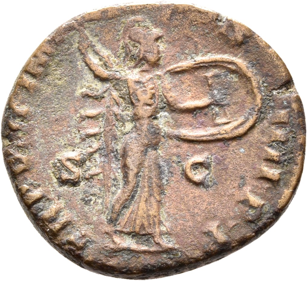 RIC III Commodus 421a Commodus reverse, Minerva, helmeted, draped, advancing right, brandishing javelin in right hand and ...
